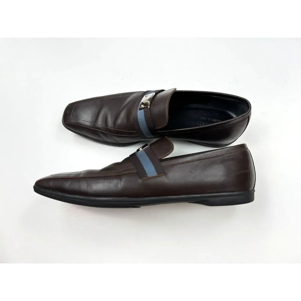 GUCCI Brown Leather Blue Ribbon Luxury Loafer Mens 8.5 D Flaw* Comfort‎ Shoes